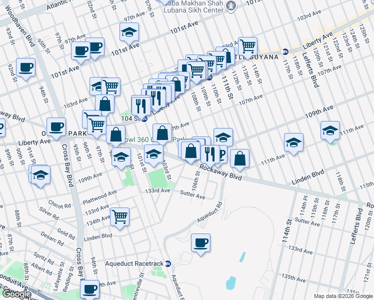 map of restaurants, bars, coffee shops, grocery stores, and more near 107-37 105th Street in Queens