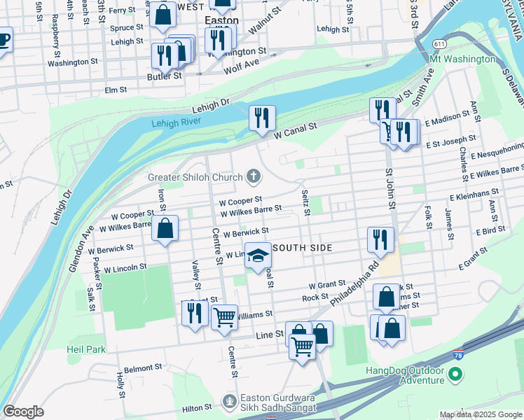 map of restaurants, bars, coffee shops, grocery stores, and more near 499 West Wilkes Barre Street in Easton