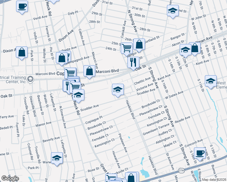 map of restaurants, bars, coffee shops, grocery stores, and more near 74 Cambridge Drive West in Copiague