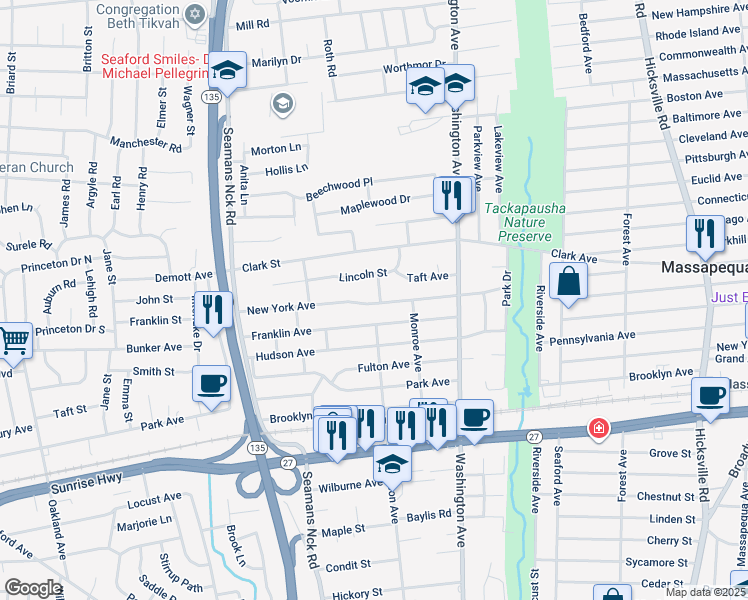 map of restaurants, bars, coffee shops, grocery stores, and more near 1757 Jefferson Street in Seaford