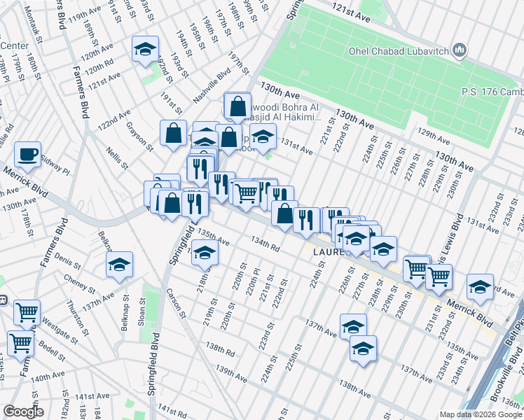 map of restaurants, bars, coffee shops, grocery stores, and more near 219-32 133rd Avenue in Queens
