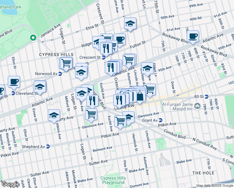 map of restaurants, bars, coffee shops, grocery stores, and more near 82 Weldon Street in Brooklyn