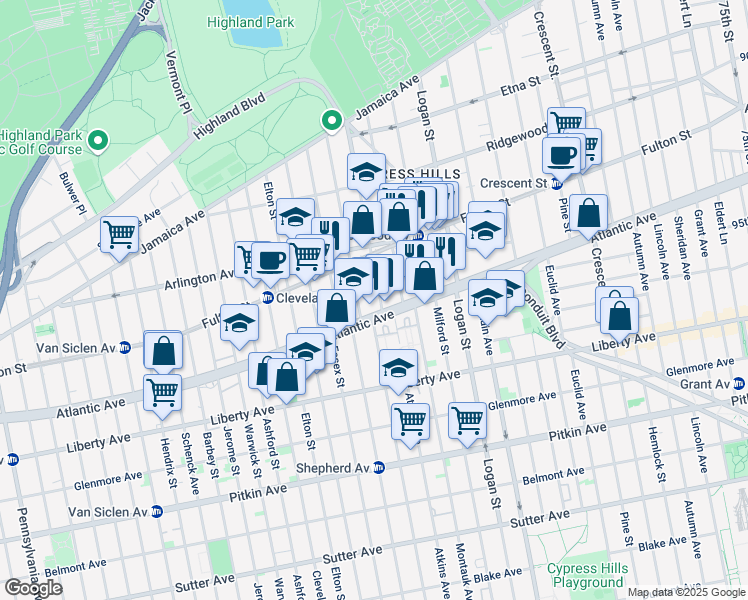 map of restaurants, bars, coffee shops, grocery stores, and more near 212 Highland Place in Brooklyn