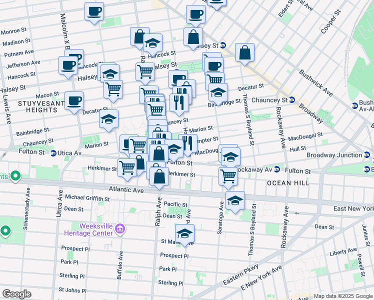 map of restaurants, bars, coffee shops, grocery stores, and more near 128 Sumpter Street in Brooklyn