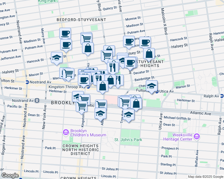 map of restaurants, bars, coffee shops, grocery stores, and more near 1583 Fulton Street in Brooklyn