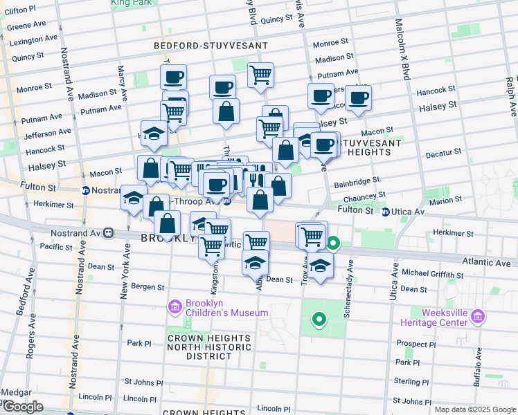 map of restaurants, bars, coffee shops, grocery stores, and more near 1545 Fulton Street in Brooklyn