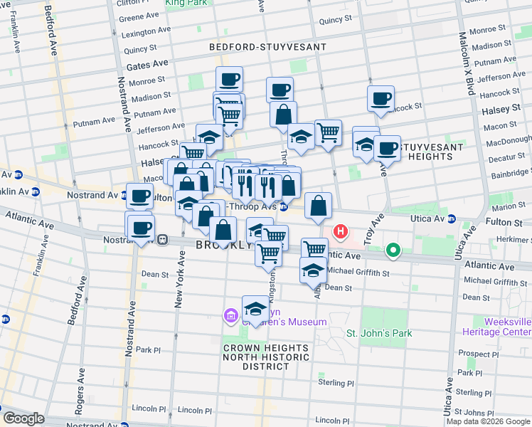 map of restaurants, bars, coffee shops, grocery stores, and more near 1471 Fulton Street in Brooklyn