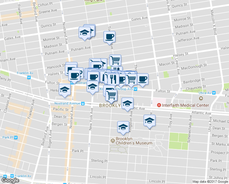 map of restaurants, bars, coffee shops, grocery stores, and more near 1422 Fulton Street in Brooklyn