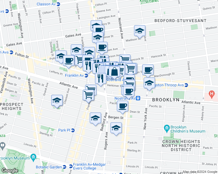 map of restaurants, bars, coffee shops, grocery stores, and more near 5 Herkimer Street in Brooklyn