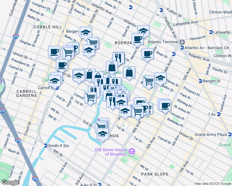 map of restaurants, bars, coffee shops, grocery stores, and more near 544 Sackett Street in Brooklyn
