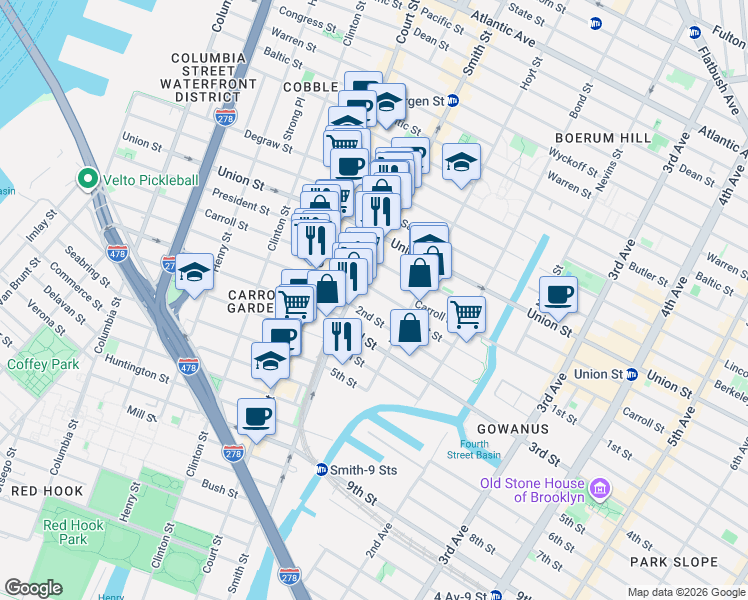 map of restaurants, bars, coffee shops, grocery stores, and more near 1 2nd Street in Brooklyn