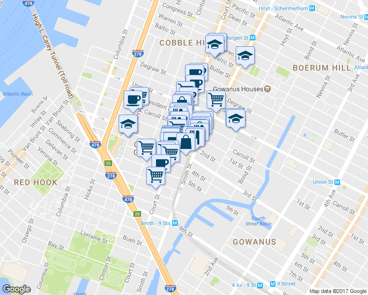 map of restaurants, bars, coffee shops, grocery stores, and more near 398 Court Street in Brooklyn