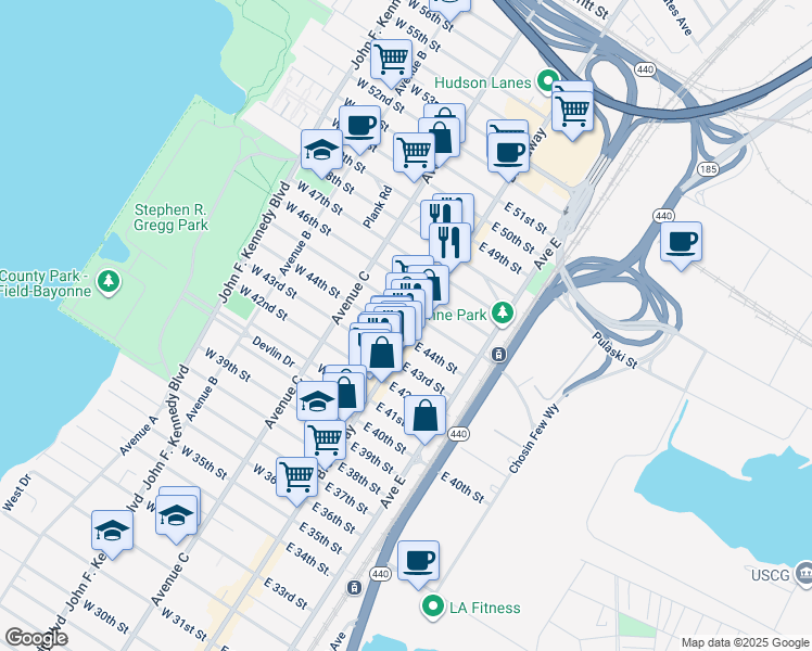 map of restaurants, bars, coffee shops, grocery stores, and more near 24 West 45th Street in Bayonne
