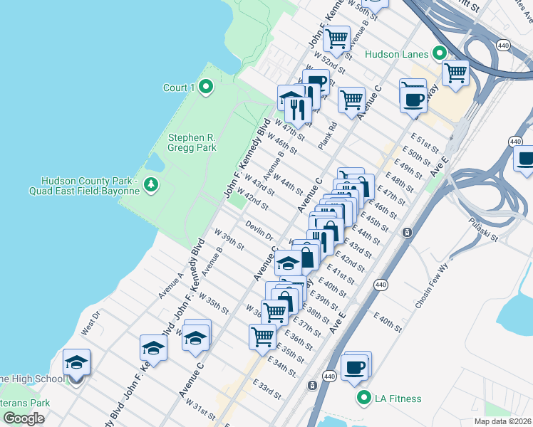 map of restaurants, bars, coffee shops, grocery stores, and more near 102 West 42nd Street in Bayonne