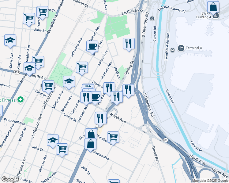 map of restaurants, bars, coffee shops, grocery stores, and more near 914 Spring Street in Elizabeth