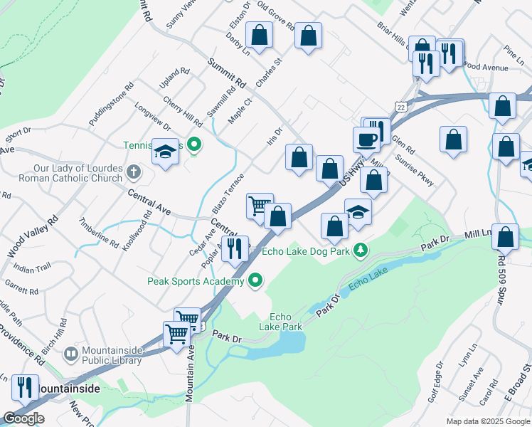map of restaurants, bars, coffee shops, grocery stores, and more near 1180 U.S. 22 in Mountainside