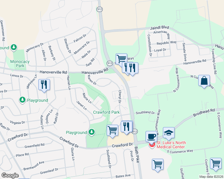 map of restaurants, bars, coffee shops, grocery stores, and more near 5524 Karen Drive in Bethlehem