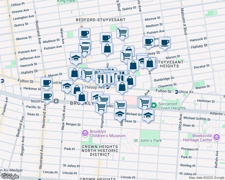 map of restaurants, bars, coffee shops, grocery stores, and more near 1520 Fulton Street in Brooklyn