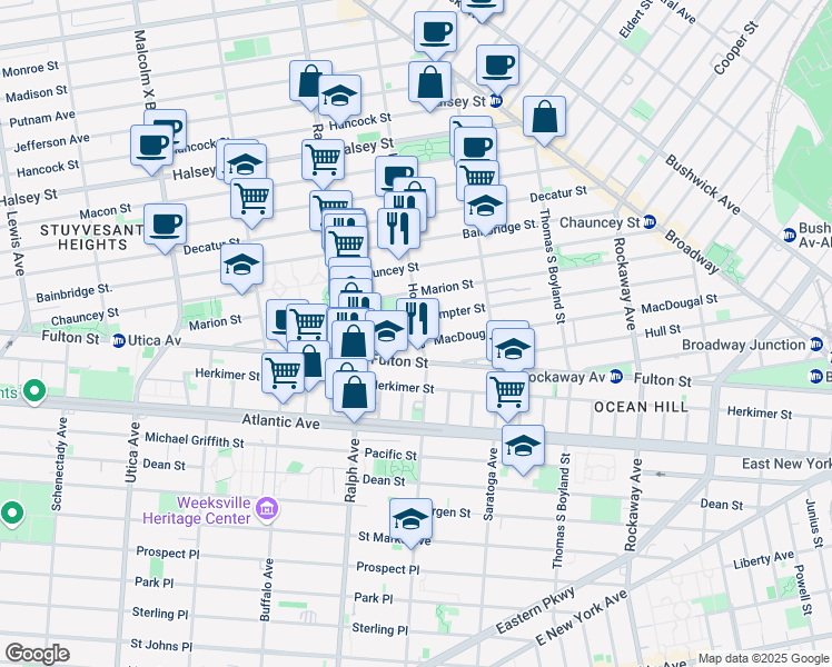 map of restaurants, bars, coffee shops, grocery stores, and more near 128 Sumpter Street in Brooklyn