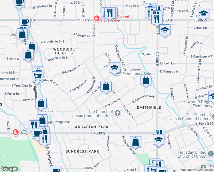 map of restaurants, bars, coffee shops, grocery stores, and more near 4220 South Lynne Lane in Salt Lake City