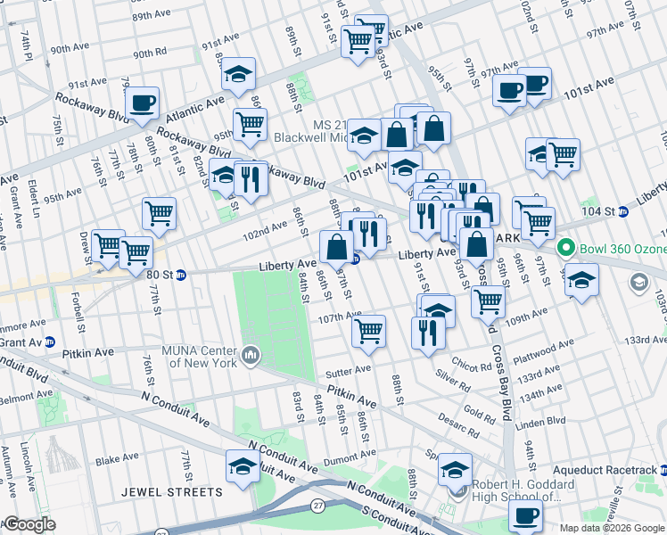 map of restaurants, bars, coffee shops, grocery stores, and more near in Queens