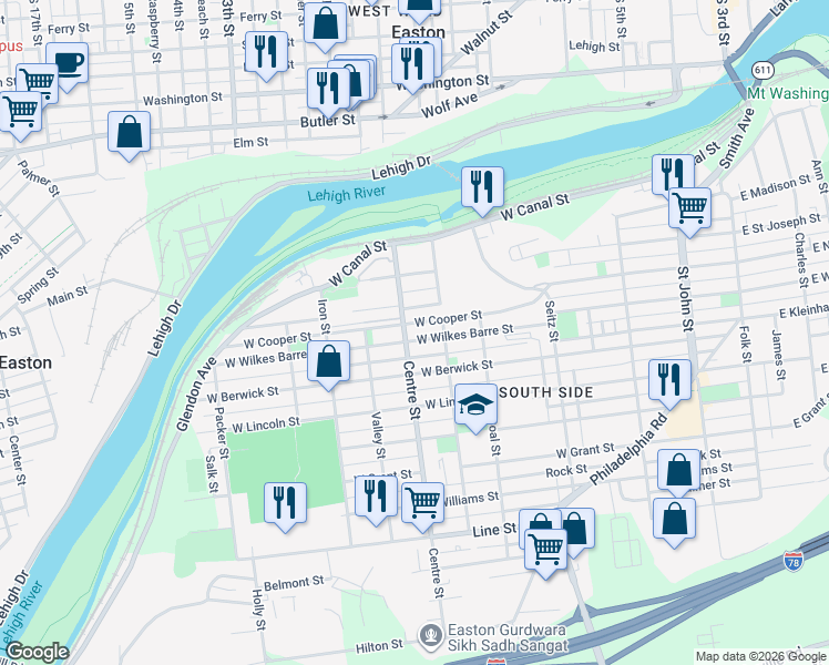map of restaurants, bars, coffee shops, grocery stores, and more near 636 West Nesquehoning Street in Easton