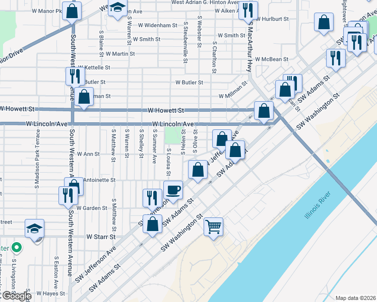 map of restaurants, bars, coffee shops, grocery stores, and more near 807 South Olive Street in Peoria