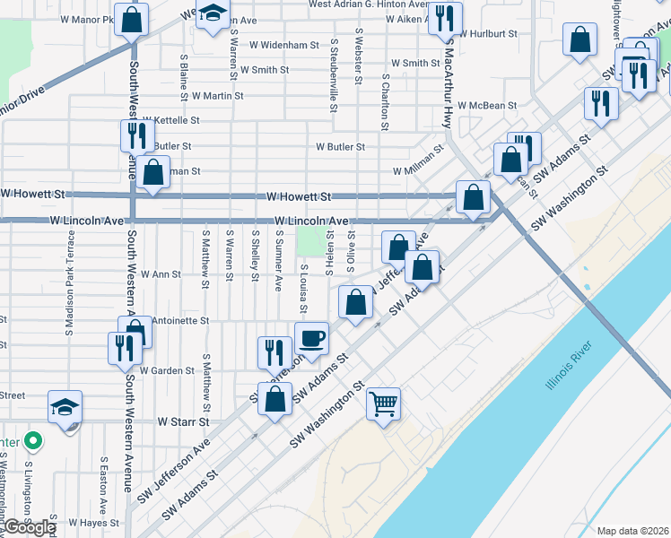 map of restaurants, bars, coffee shops, grocery stores, and more near 807 South Olive Street in Peoria