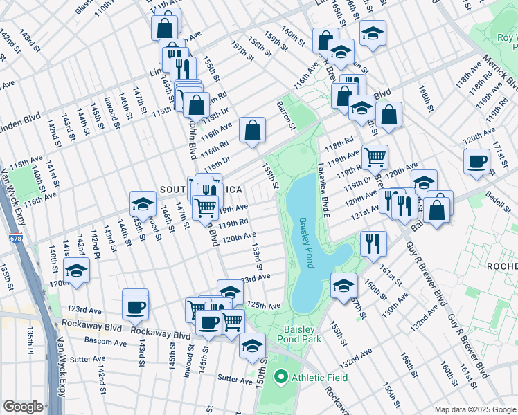 map of restaurants, bars, coffee shops, grocery stores, and more near 118-63 154th Street in Queens
