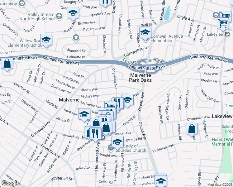 map of restaurants, bars, coffee shops, grocery stores, and more near 201 Sydney Avenue in Malverne