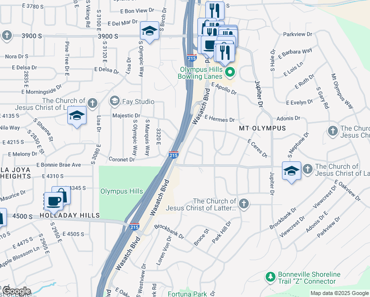 map of restaurants, bars, coffee shops, grocery stores, and more near 4236 South Sunset View Drive in Salt Lake City