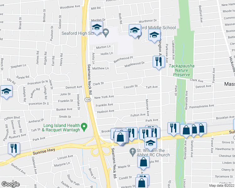 map of restaurants, bars, coffee shops, grocery stores, and more near 3847 New York Avenue in Seaford