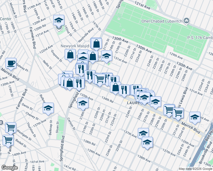 map of restaurants, bars, coffee shops, grocery stores, and more near 219-32 133rd Avenue in Queens