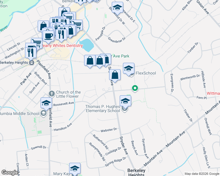 map of restaurants, bars, coffee shops, grocery stores, and more near 343 Snyder Avenue in Berkeley Heights