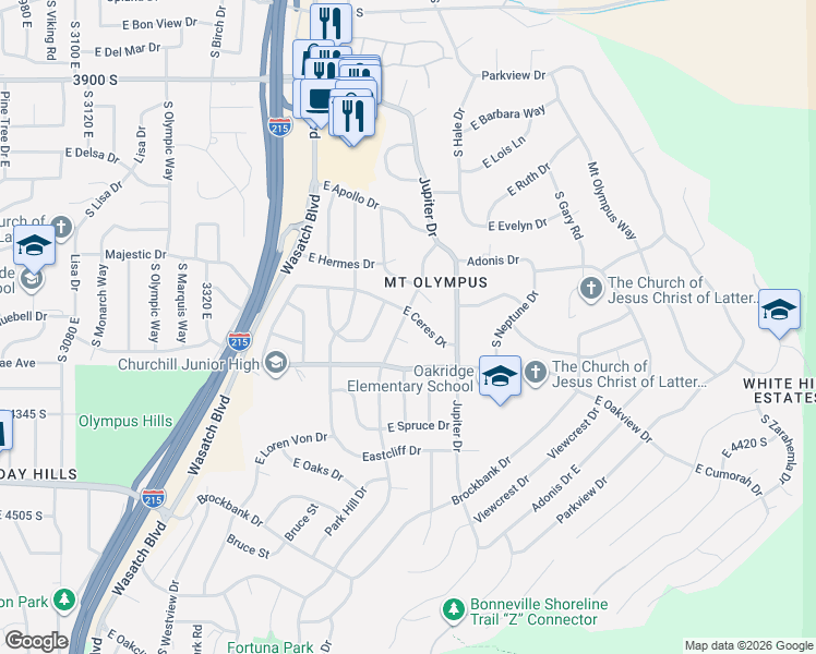 map of restaurants, bars, coffee shops, grocery stores, and more near 4221 South Fortuna Way in Salt Lake City