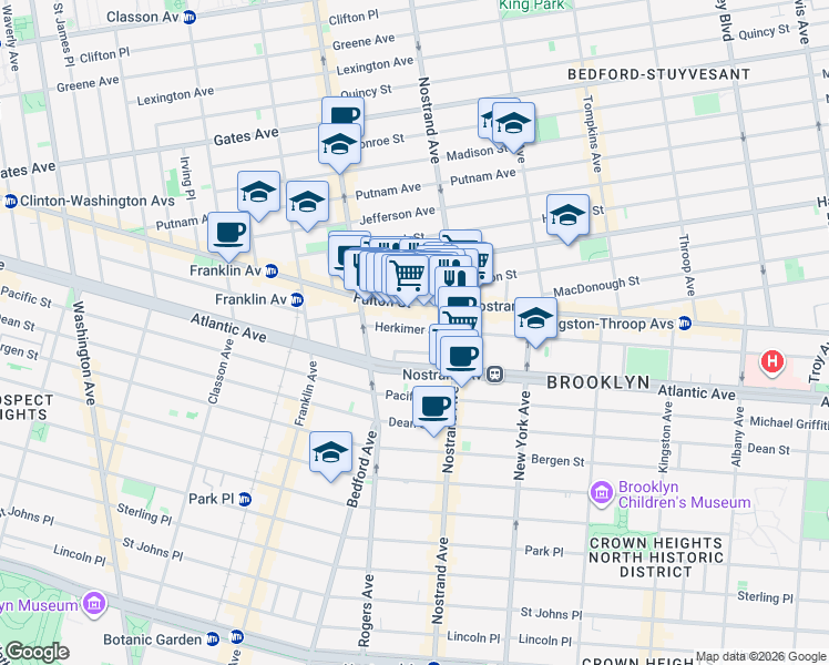 map of restaurants, bars, coffee shops, grocery stores, and more near 53 Herkimer Street in Brooklyn