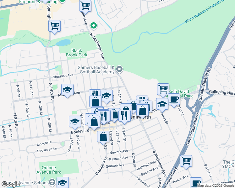 map of restaurants, bars, coffee shops, grocery stores, and more near 137 North 24th Street in Kenilworth