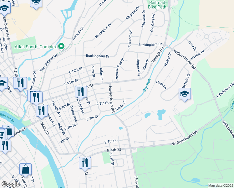 map of restaurants, bars, coffee shops, grocery stores, and more near 603 East 9th Street in Northampton