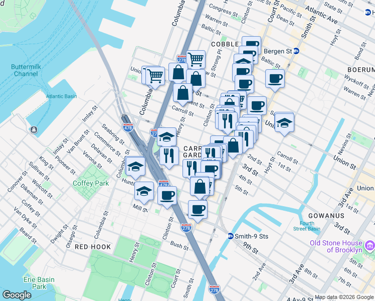 map of restaurants, bars, coffee shops, grocery stores, and more near 31 3rd Place in Brooklyn