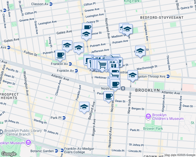 map of restaurants, bars, coffee shops, grocery stores, and more near 28 Herkimer Street in Brooklyn