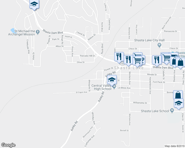 map of restaurants, bars, coffee shops, grocery stores, and more near 3901 Laredo Street in Shasta Lake
