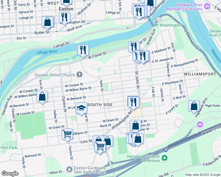 map of restaurants, bars, coffee shops, grocery stores, and more near 360 West Wilkes Barre Street in Easton