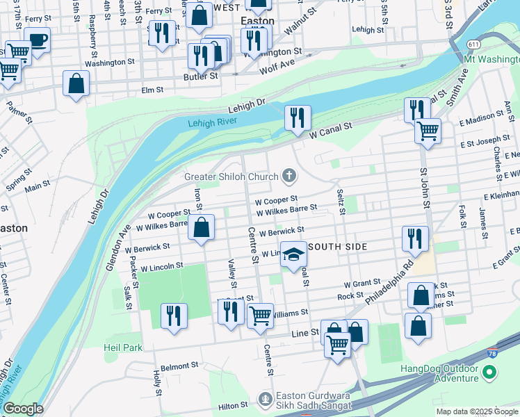map of restaurants, bars, coffee shops, grocery stores, and more near 627 West Wilkes Barre Street in Easton