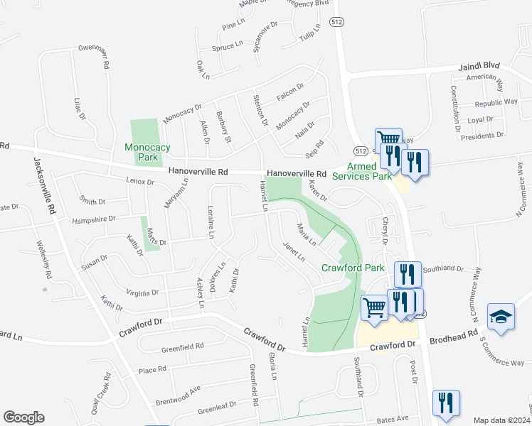 map of restaurants, bars, coffee shops, grocery stores, and more near 4122 Maria Lane in Bethlehem