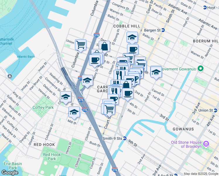 map of restaurants, bars, coffee shops, grocery stores, and more near 72 2nd Place in Brooklyn