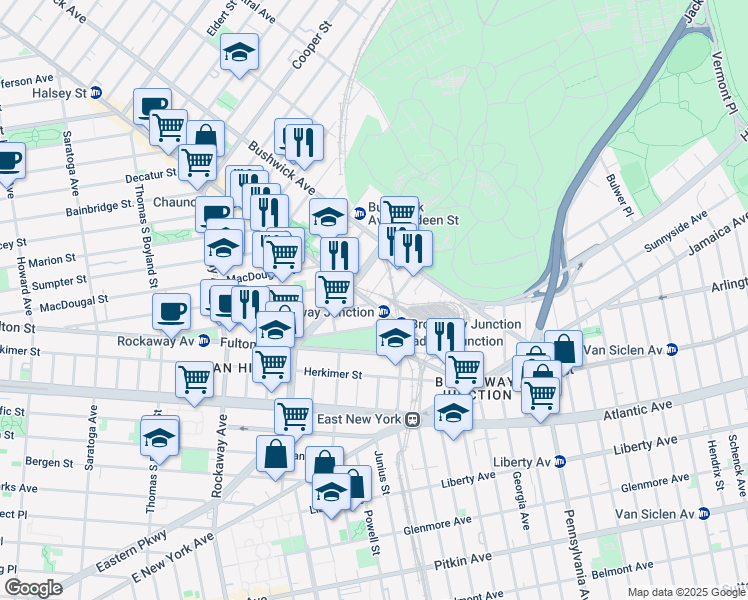 map of restaurants, bars, coffee shops, grocery stores, and more near 2018 Eastern Parkway in Brooklyn