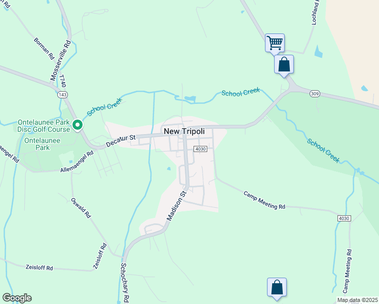 map of restaurants, bars, coffee shops, grocery stores, and more near 7495 Camp Meeting Road in New Tripoli