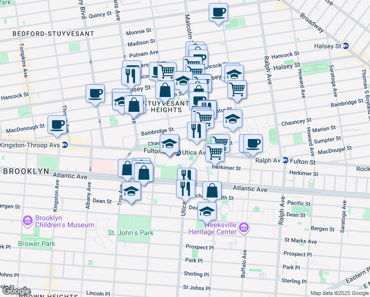 map of restaurants, bars, coffee shops, grocery stores, and more near 1711 Fulton Street in Brooklyn