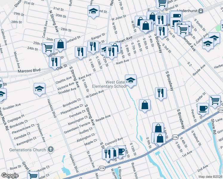 map of restaurants, bars, coffee shops, grocery stores, and more near 283 West Gates Avenue in Lindenhurst