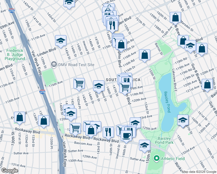 map of restaurants, bars, coffee shops, grocery stores, and more near 146-14 Foch Boulevard in Queens